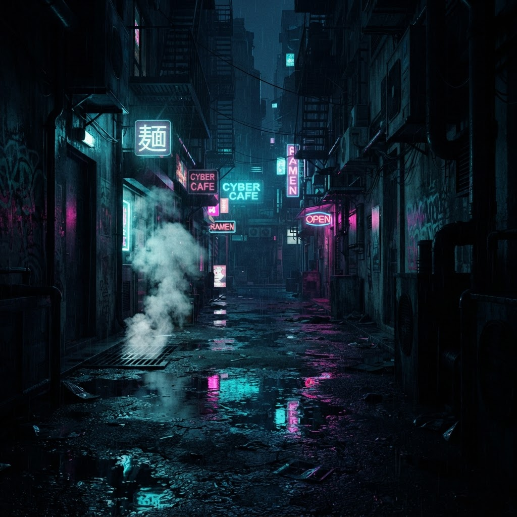 Moody cyberpunk alley at street level with neon reflections